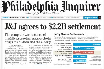 Philadelphia Inquirer page 1 J&J $2.2B Settlement 11_5_13 with annotations better font drop shadow